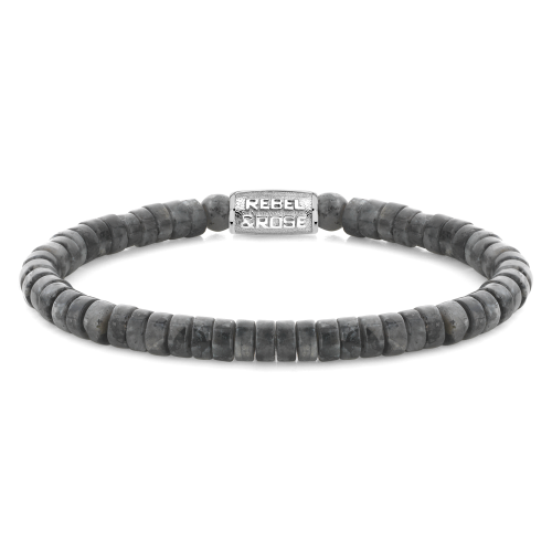 Bracciale da uomo in pietre grigie di 6 mm con dettagli in metallo argentato.
