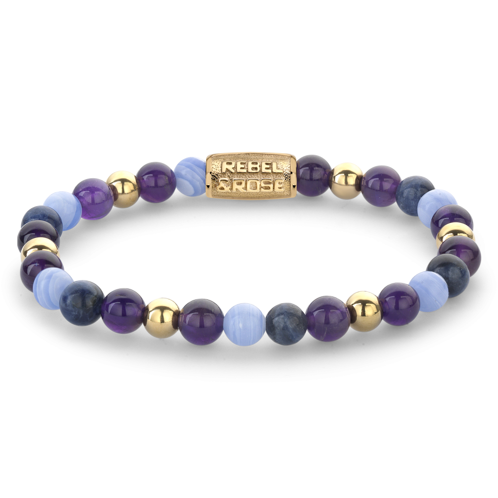 Bracciale da donna con perline in tonalità blu e viola, dettagli in oro giallo ionizzato.