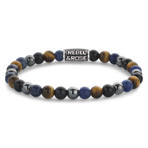 Bracciale da uomo con perle di 6 mm in pietra blu e nera, dettagli in metallo argentato.