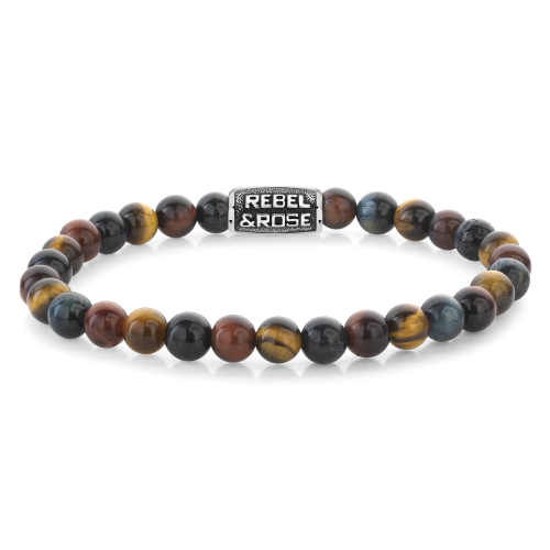 Bracciale in pietre di occhio di tigre multicolore con dettaglio centrale in metallo.