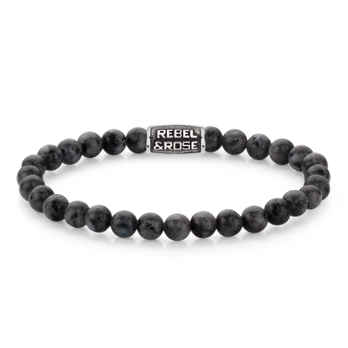 Bracciale da uomo in pietre grigie da 6 mm con dettagli in metallo argentato.