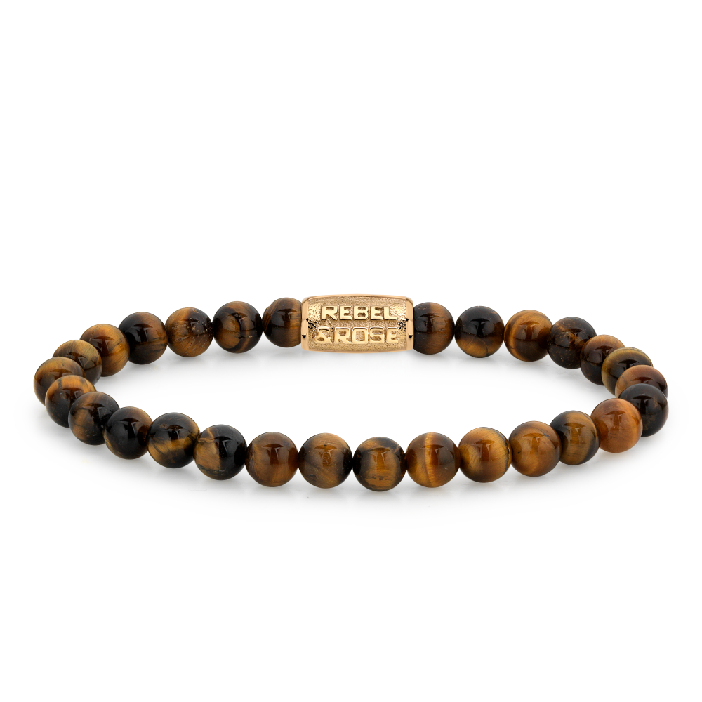 Bracciale da donna in pietre di occhio di tigre da 6 mm con chiusura dorata.