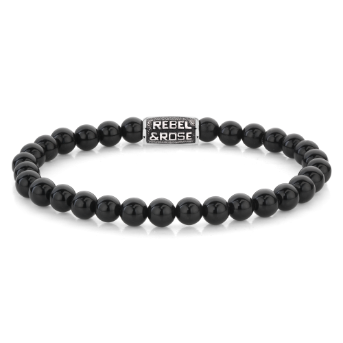 Bracciale da uomo in onice nero con perle da 6 mm e dettaglio in metallo con logo.