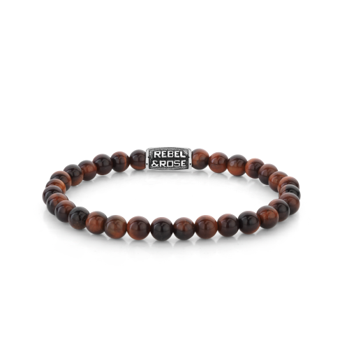Bracciale da uomo in pietre di tigre rosse, 6 mm, con dettagli in metallo argentato.
