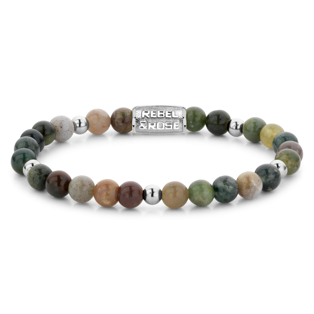 Bracciale da donna con perline in pietra naturale di 6 mm, tonalità verde, marrone e grigia, con dettagli metallici.
