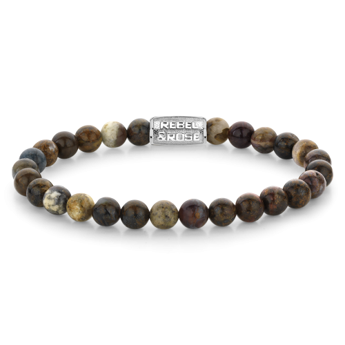 Bracciale da uomo con perle di 6 mm in pietra naturale, tonalità autunnali, chiusura in metallo.