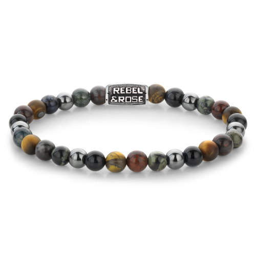 Bracciale da uomo con perle di 6 mm in pietra naturale multicolore e dettagli in metallo.