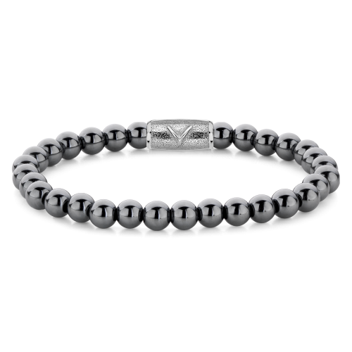 Bracciale da uomo in argento grigio con perle di 6 mm e chiusura decorativa.