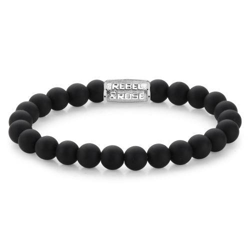 Bracciale da uomo in perle di 8 mm nere opache con dettagli argentati.