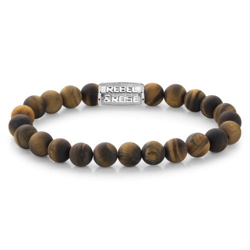 Bracciale da uomo in pietre di occhio di tigre da 8 mm con placca centrale argentata.