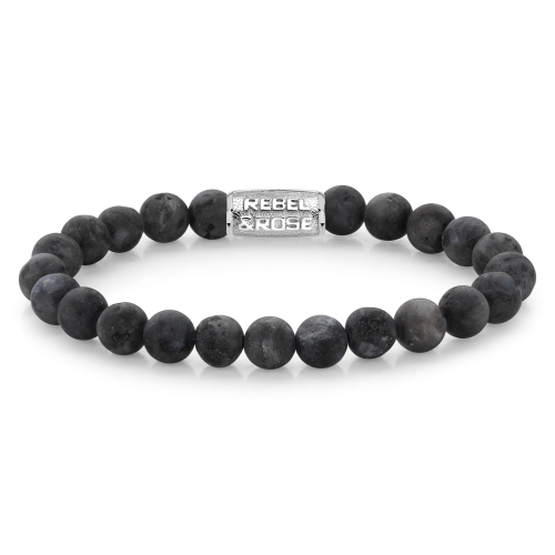 Grijze kralenarmband voor heren van 8 mm met een metalen sluiting en een matte afwerking.