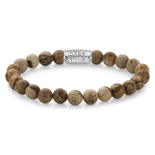 Bracciale da uomo in pietre di 8 mm con dettagli in metallo argentato.