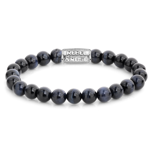Bracciale da uomo con perle di tigre blu da 8 mm e dettagli in metallo argentato.