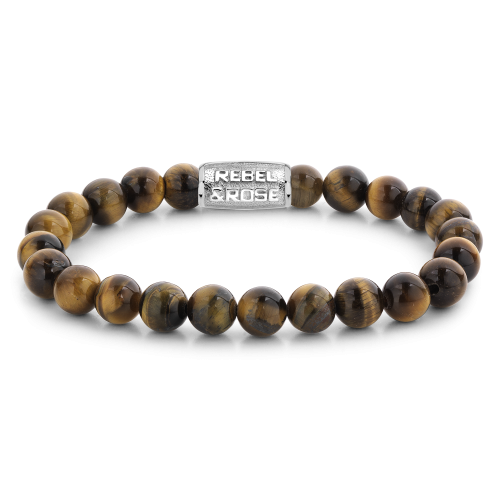 De Tiger Lily - 8mm Kralen Armband Heren van Rebel & Rose heeft gepolijste bruine en gouden tijgeroog kralen en een rechthoekige zilveren kraal gegraveerd met het Rebel & Rose logo.