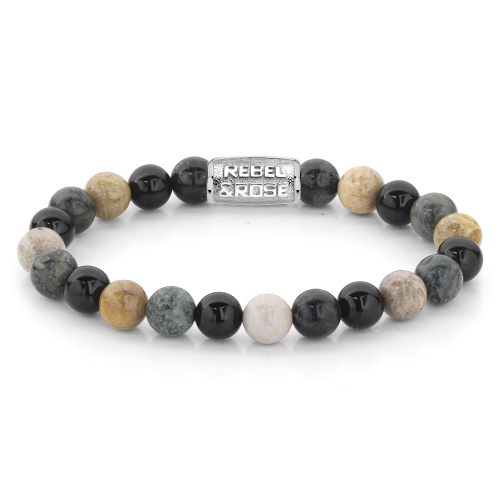 Bracciale da uomo con perle di 8 mm in pietra naturale, tonalità di grigio e nero, con dettagli in metallo argentato.