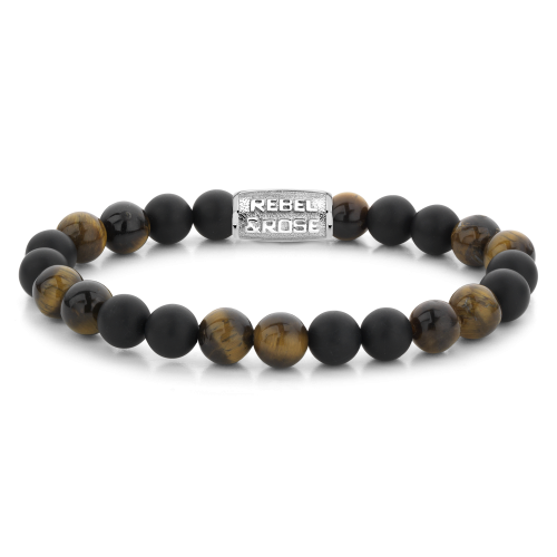 Bracciale da uomo con perle di onice nere e giada tigre, dettagli in metallo argentato.
