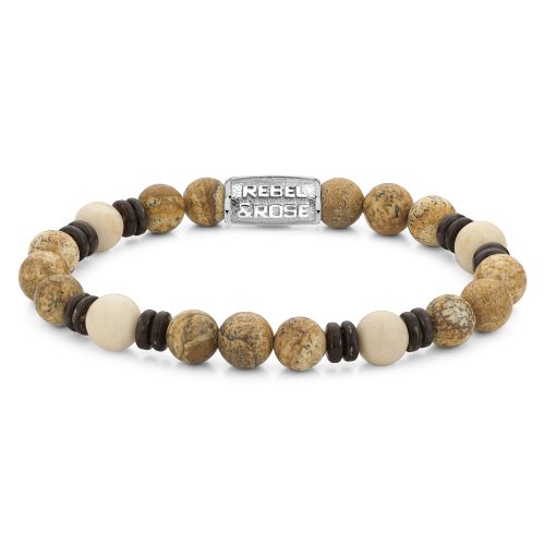 Bracciale da uomo con perle di 8 mm in pietra naturale e dettagli in metallo.