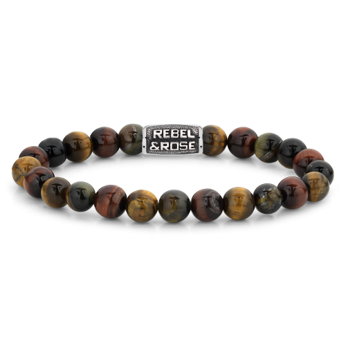 Bracciale da uomo in pietre di tigre da 8 mm con chiusura in acciaio e logo.