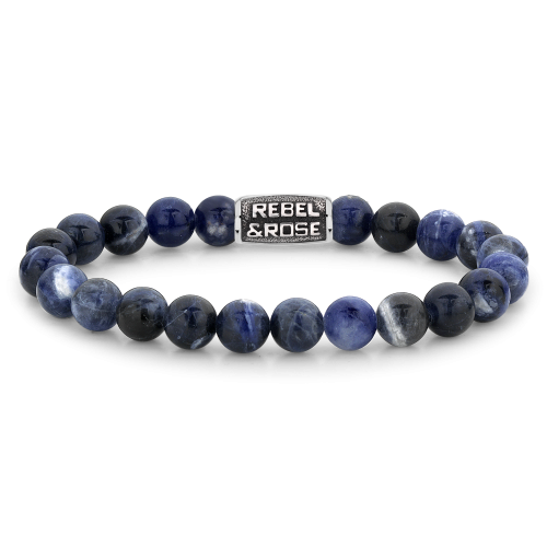Bracciale da uomo con perle di sodalite blu notte da 8 mm e dettagli in metallo argentato.