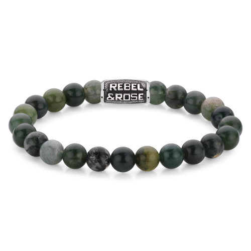 Bracciale da uomo con perle di 8 mm in pietra verde, dettagli in metallo argentato.