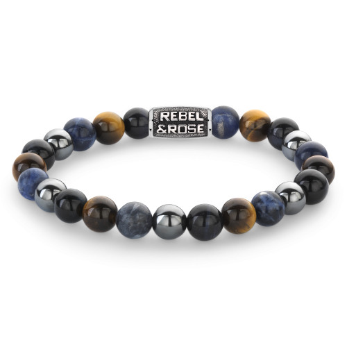 Bracciale da uomo con perle di 8 mm in agata blu e onice, dettagli in metallo argentato.