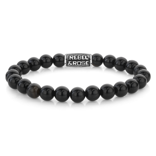 Bracciale da uomo in pietre nere di 8 mm con dettaglio in metallo argentato.