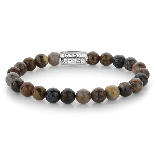 Bracciale da uomo con perle di 8 mm in pietra naturale, tonalità marroni e grigie, con chiusura in metallo argentato.