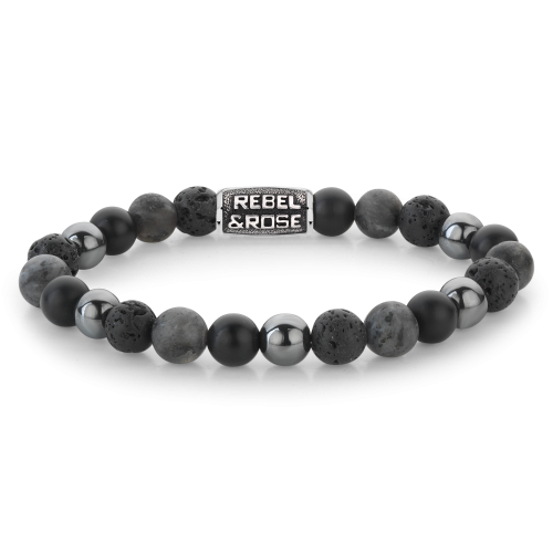 Bracciale da uomo con perle di 8 mm in tonalità grigie, dettagli in metallo argentato.