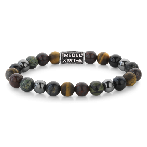 Bracciale da uomo in perle di 8 mm con pietre naturali e dettagli in metallo.