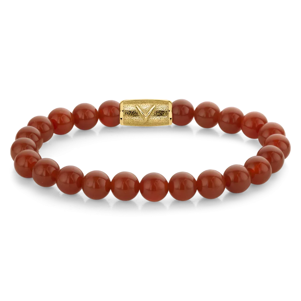 Bracciale da uomo in agata rossa con perle da 8 mm e chiusura in oro giallo.