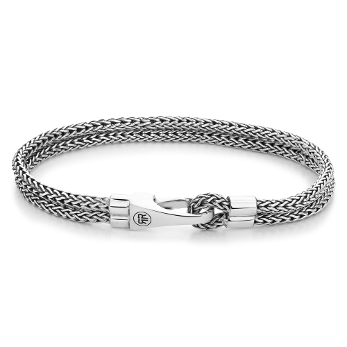 Bracciale in argento 925 con chiusura a gancio doppio, design intrecciato.