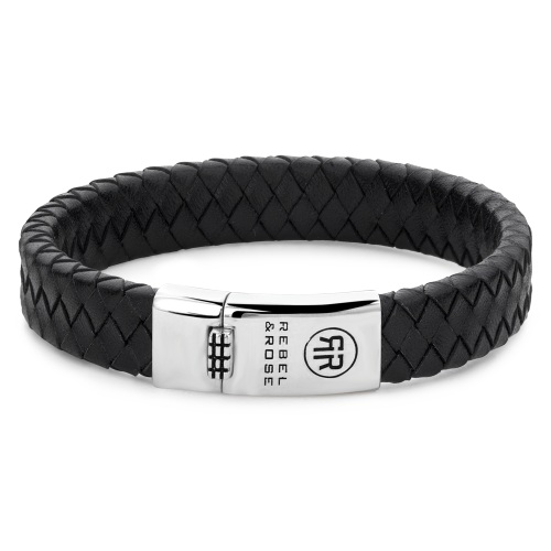Bracciale in pelle nera intrecciata con chiusura in acciaio inox.
