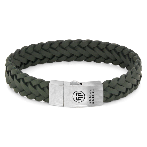 Bracciale da uomo in pelle intrecciata opaca verde con chiusura in acciaio inox.