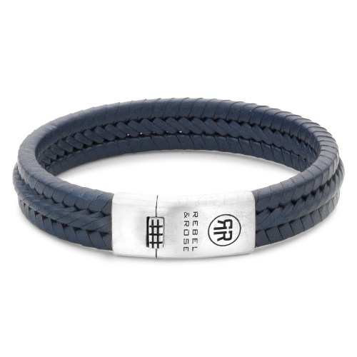 Bracciale da uomo in pelle blu con dettagli intrecciati e chiusura in metallo argentato.