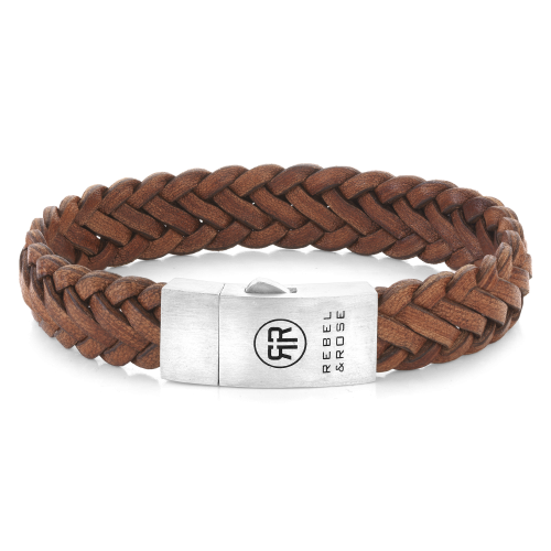 Bracciale da uomo in pelle intrecciata color cognac opaco con chiusura in acciaio inox.