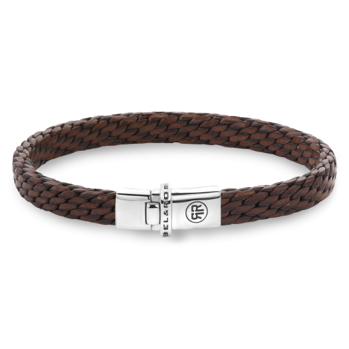 Bracciale da uomo in pelle intrecciata color cognac con chiusura in acciaio inox.