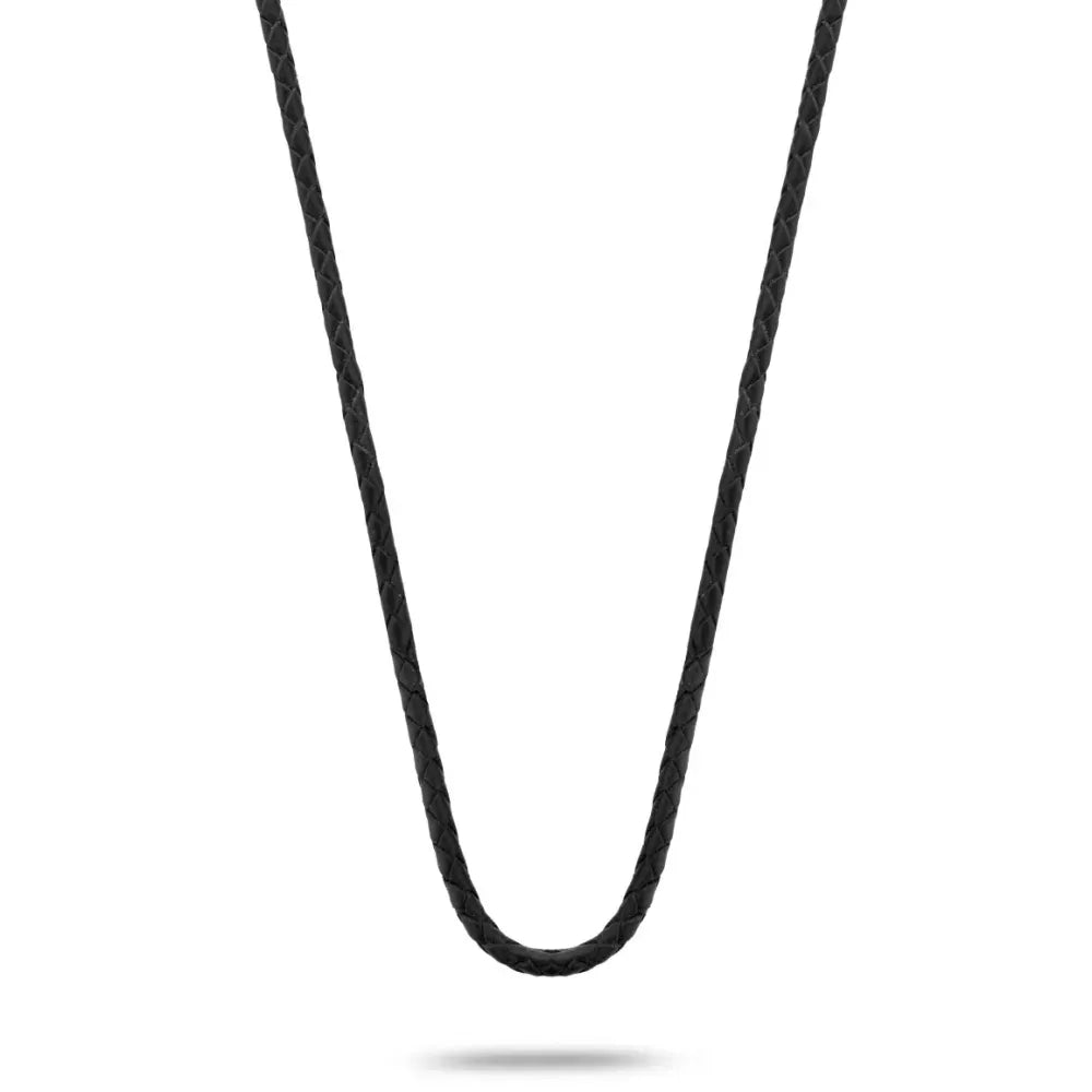 Collana in pelle nera di 55 cm, con design semplice e lineare.