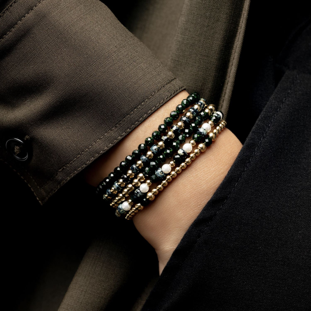 Green Glam Rocks meet Yellow Gold - 4mm - Bracciale a Perline Donna