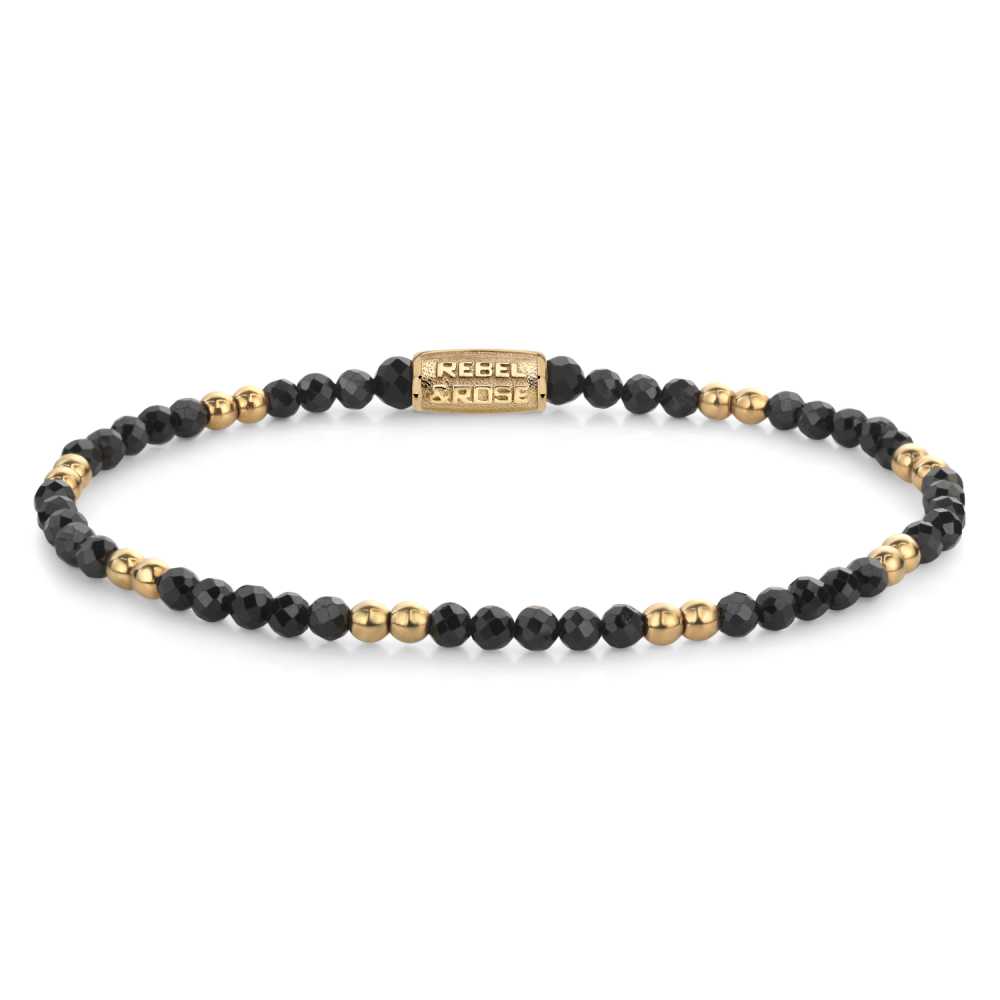 Bracciale da donna con perline nere da 3 mm e dettagli dorati.
