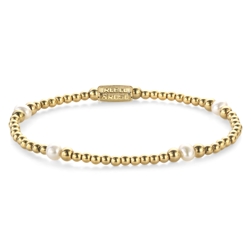 Bracciale da donna in oro con perle, composto da sfere dorate e perle bianche di 4 mm.