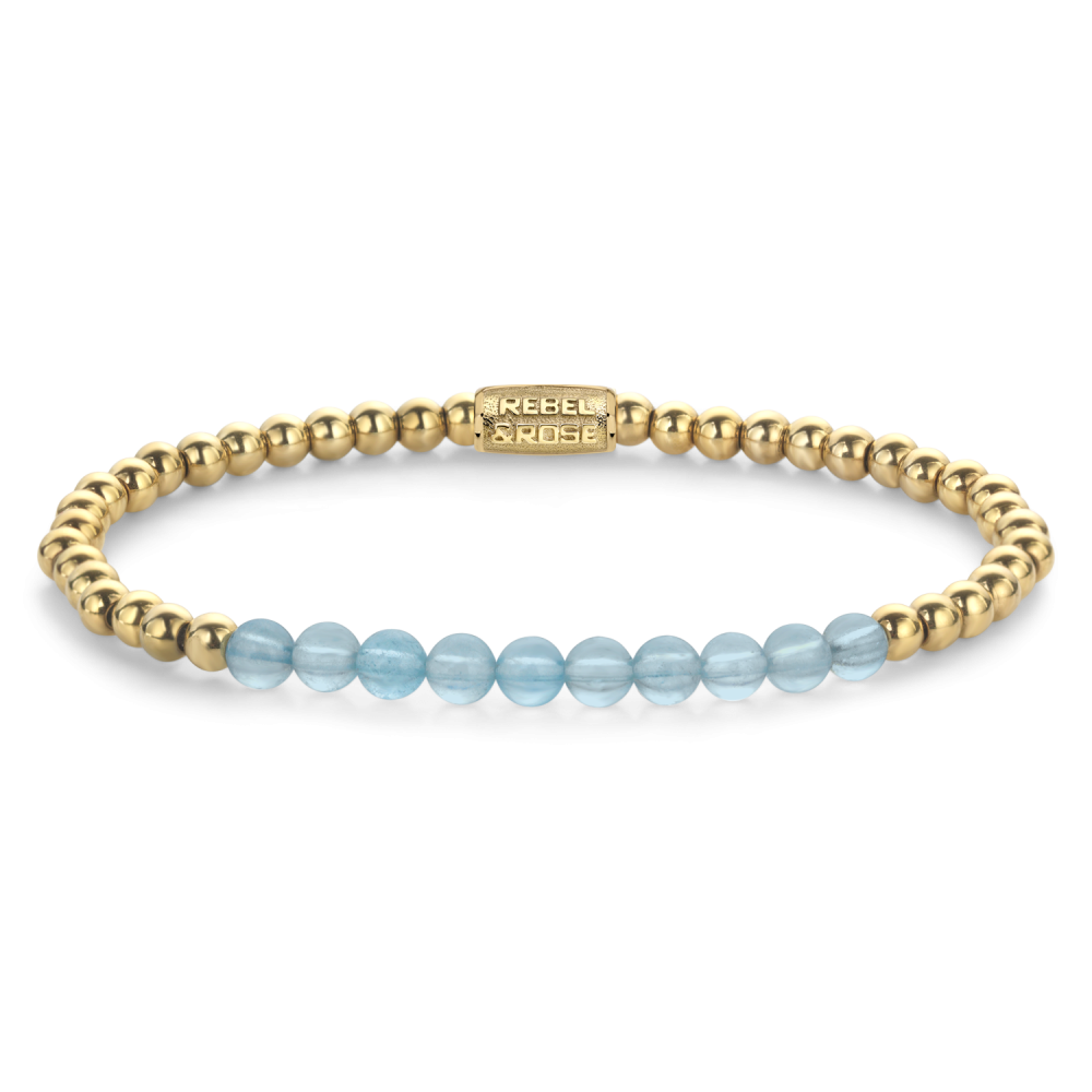 Bracciale da donna con perline azzurre e sfere in oro giallo da 4 mm.