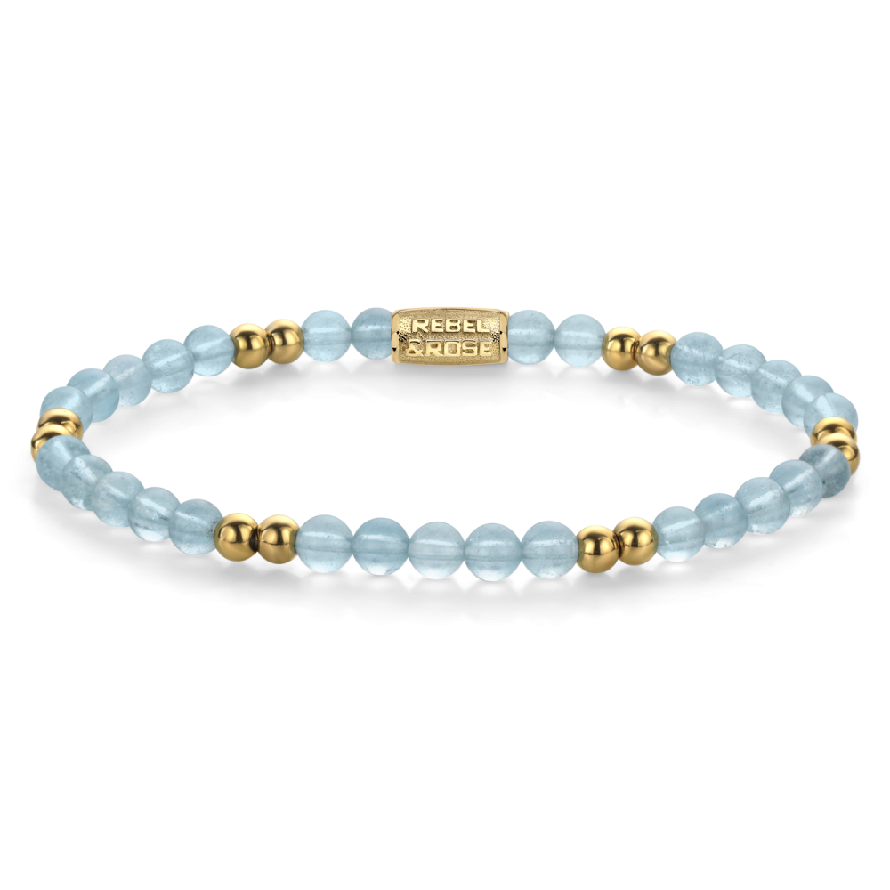 Bracciale da donna con perline azzurre di 4 mm e dettagli dorati.