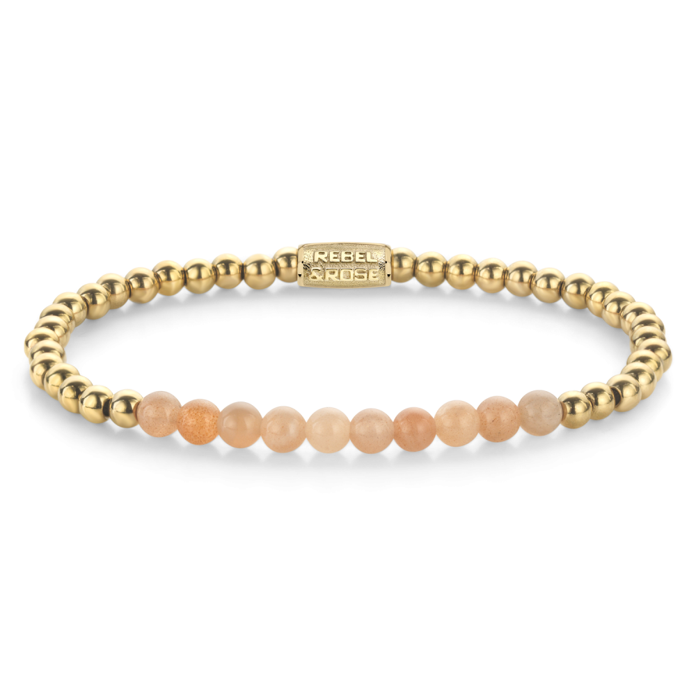 Bracciale da donna in oro giallo con perline di sole da 4 mm e dettagli in metallo.