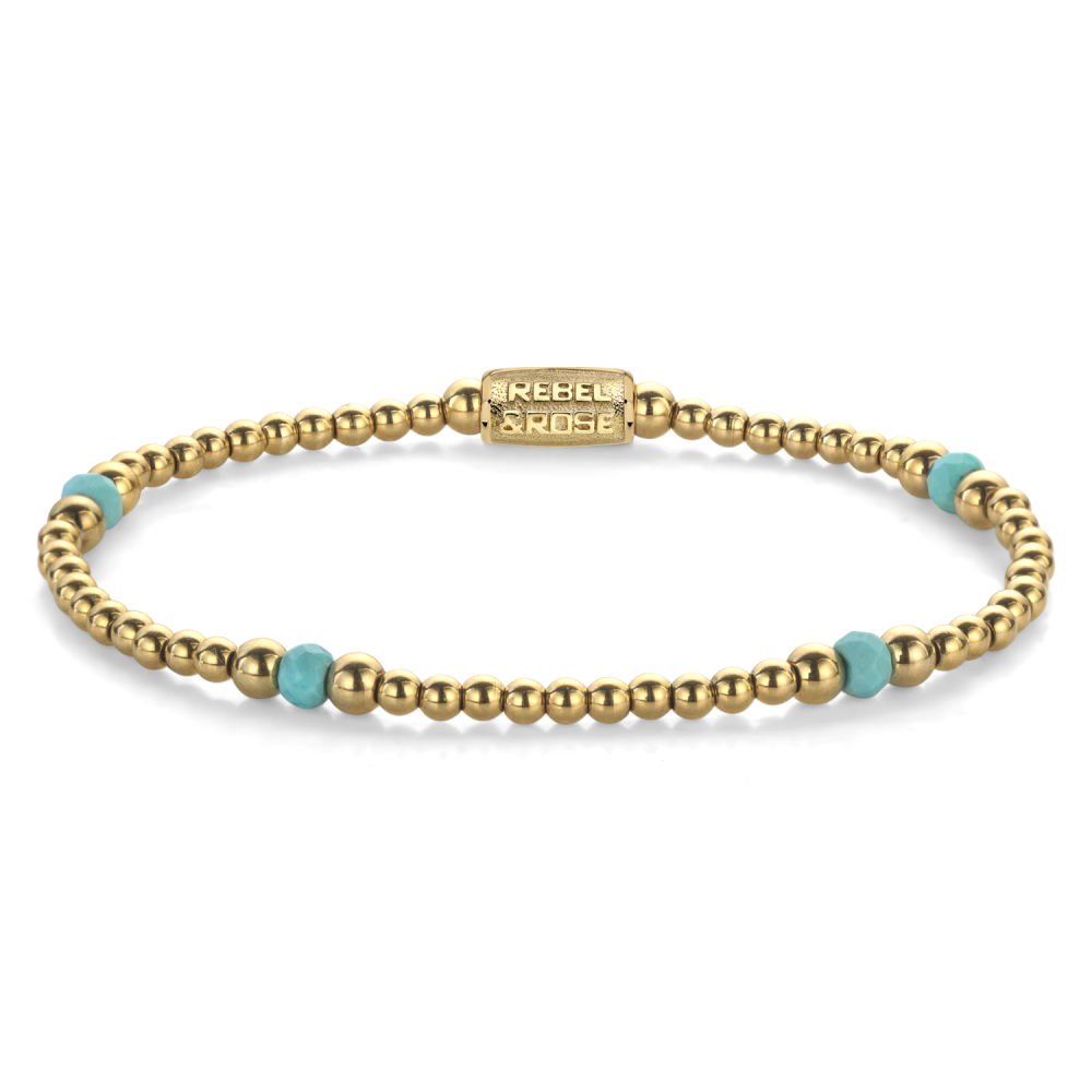 Bracciale da donna con perline dorate e dettagli in turchese di 4 mm.