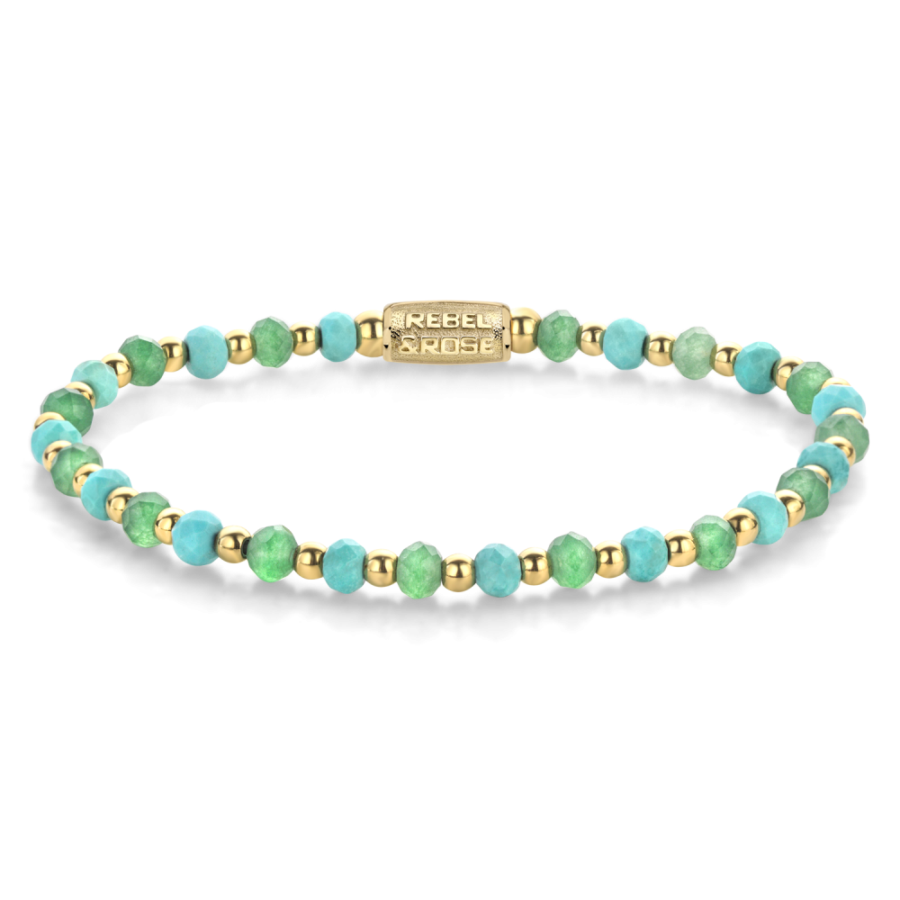 Bracciale da donna in oro giallo ionizzato, con perline blu e verdi di 4 mm.