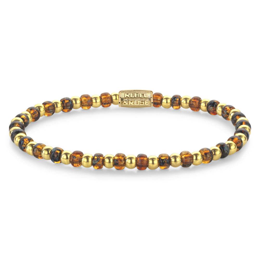 Bracciale da donna con perline in vetro color tigre e dettagli dorati, diametro 4mm.