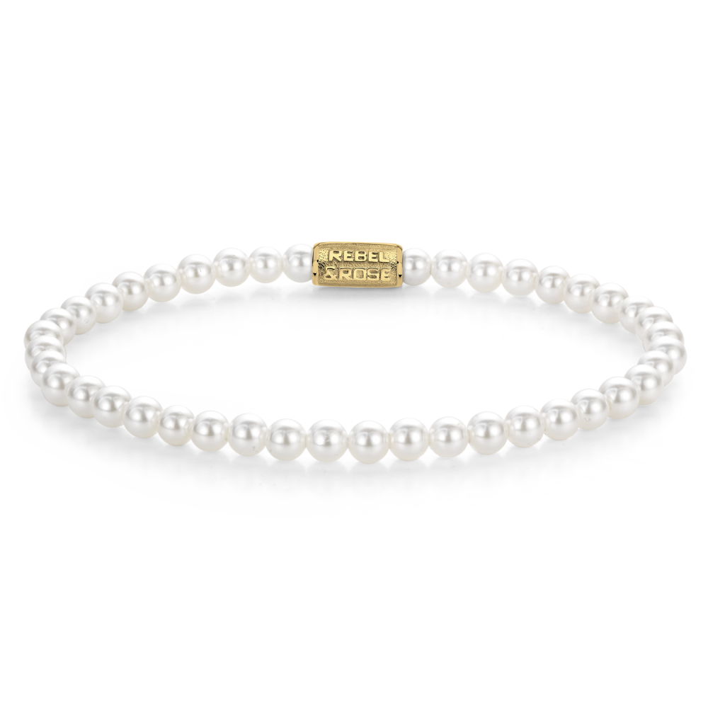 Bracciale da donna con perle bianche di 4 mm e chiusura dorata.