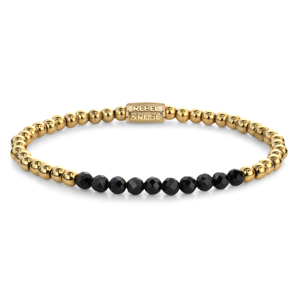 Bracciale da donna con perline dorate e pietre nere di 4 mm.