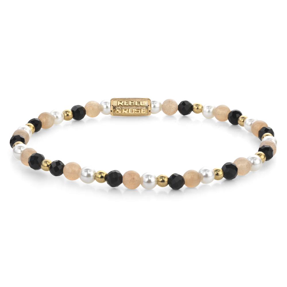 Bracciale da donna con perline nere, bianche e rosa, dettagli dorati, diametro 4 mm.