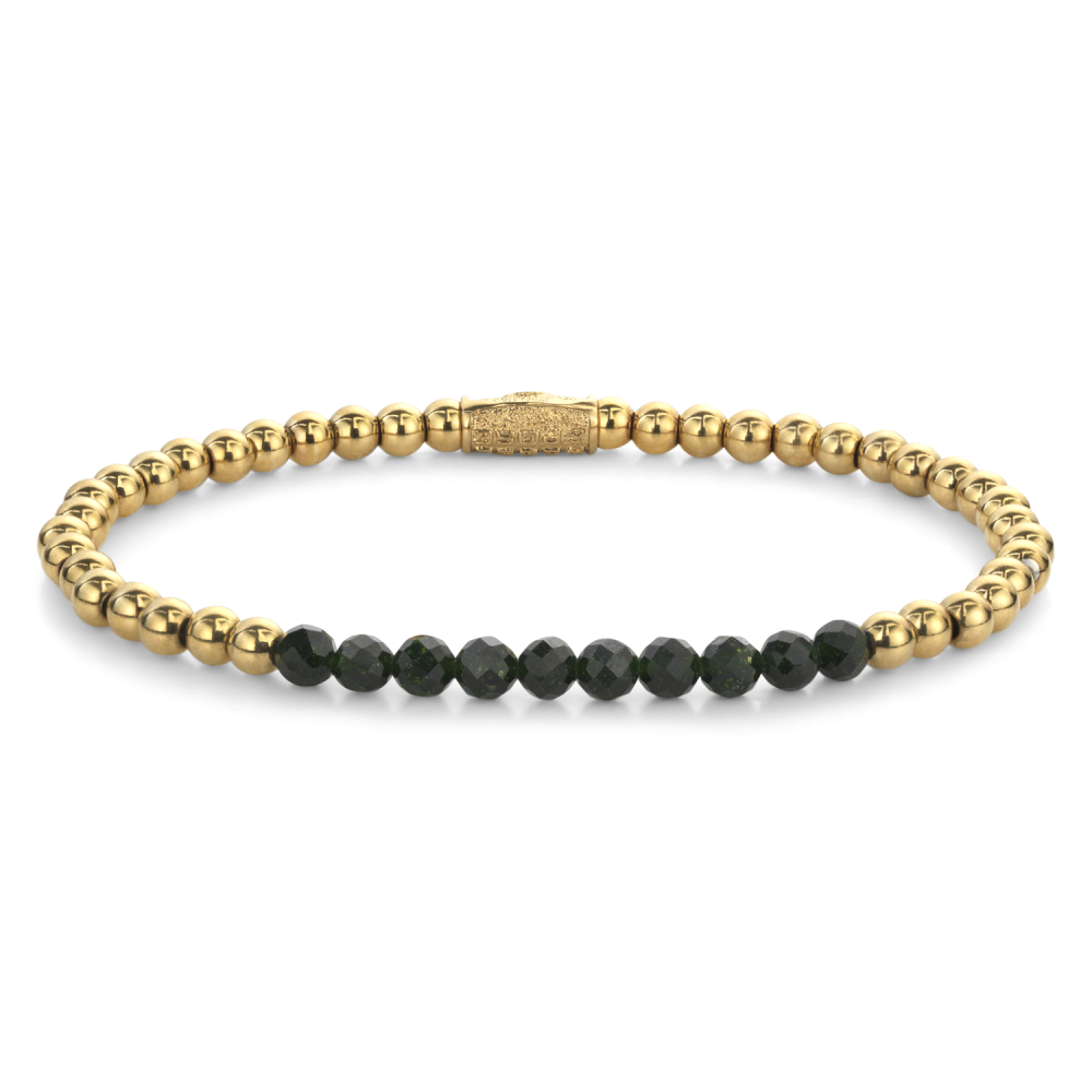 Bracciale da donna con perline dorate e pietre verdi, design elegante e moderno.